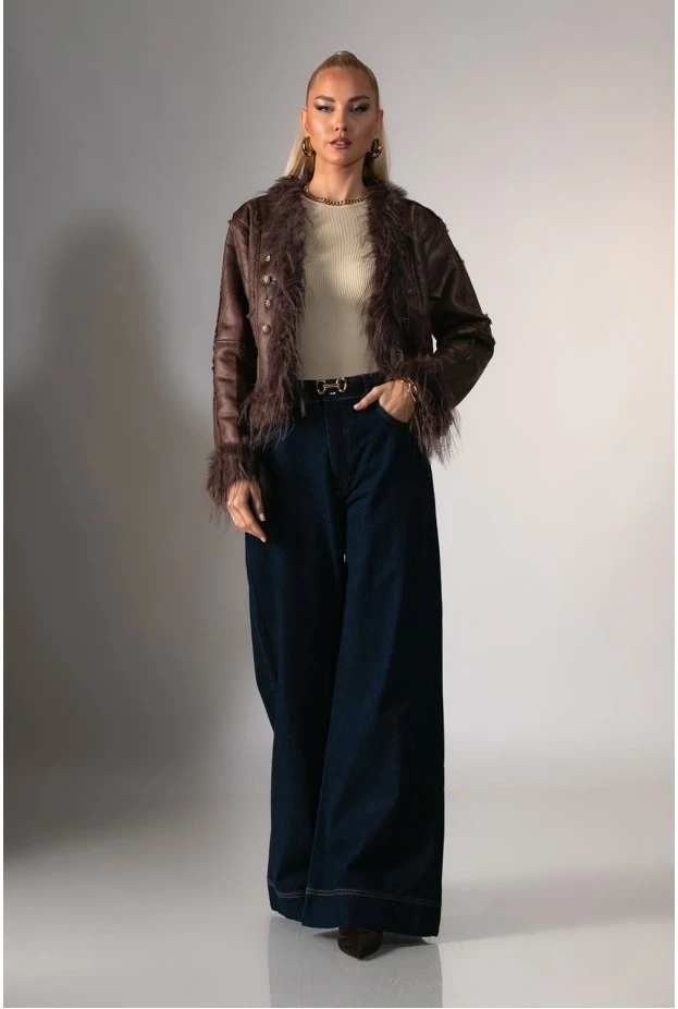 Jacket μουτόν με γούνινες λεπτομέρειες καφέ