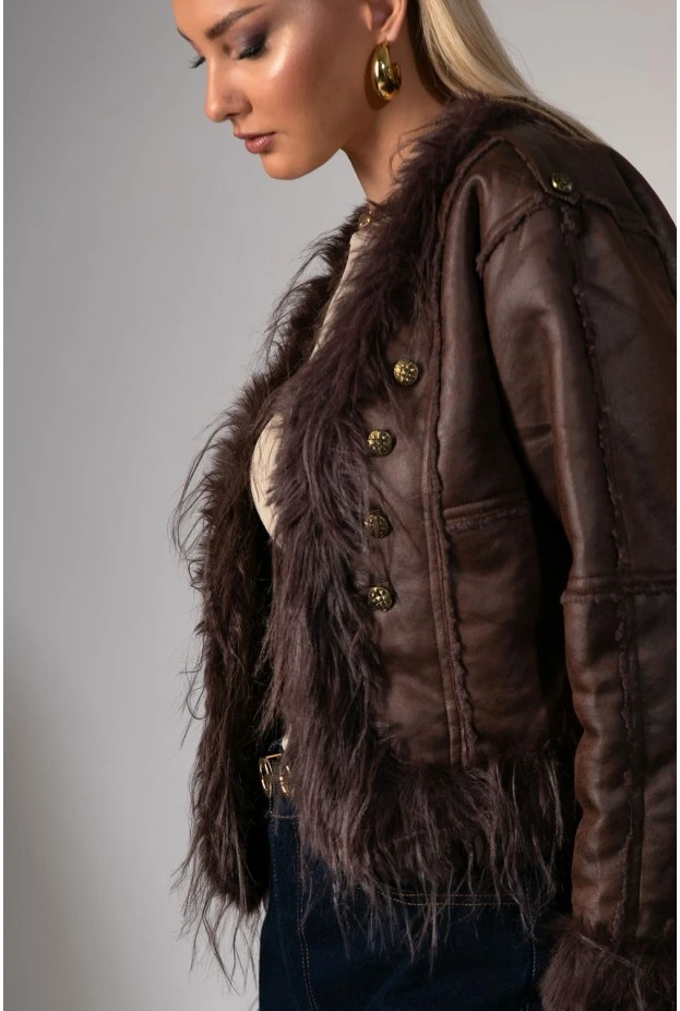 Jacket μουτόν με γούνινες λεπτομέρειες καφέ