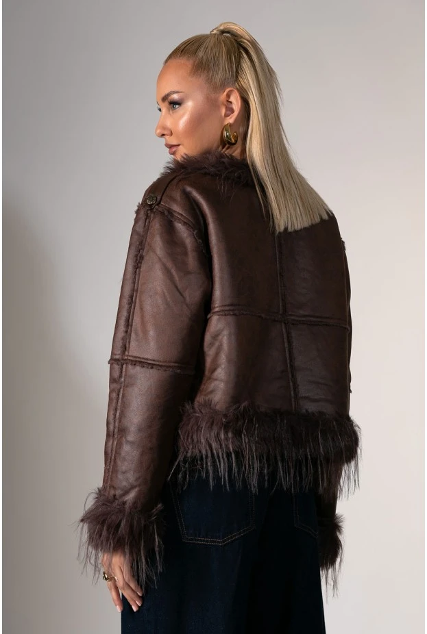 Jacket μουτόν με γούνινες λεπτομέρειες καφέ