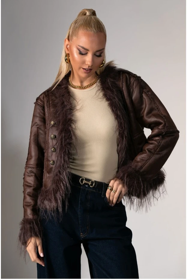 Jacket μουτόν με γούνινες λεπτομέρειες καφέ