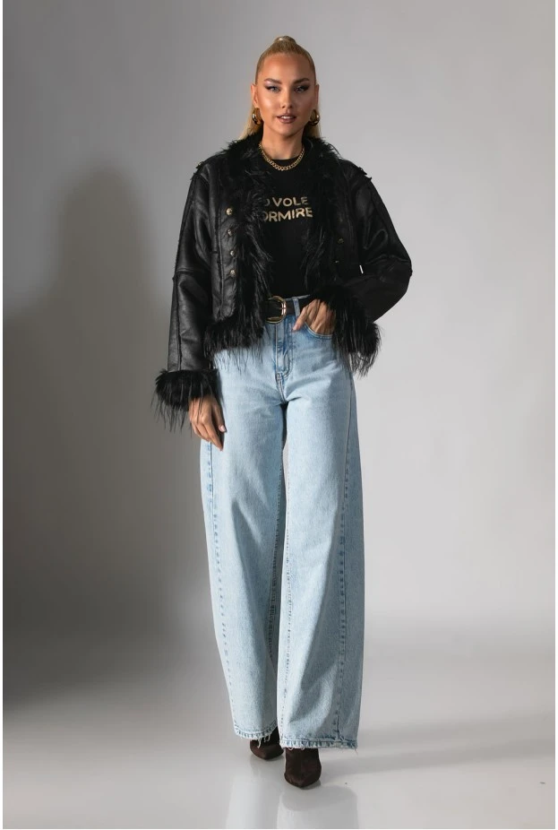 Jacket μουτόν με γούνινες λεπτομέρειες μαύρο