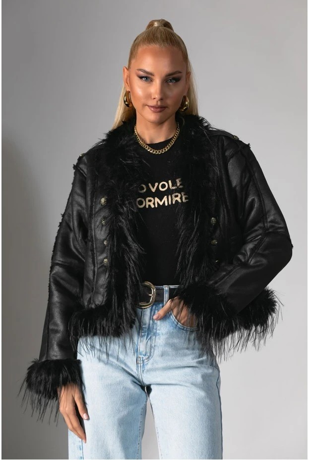 Jacket μουτόν με γούνινες λεπτομέρειες μαύρο