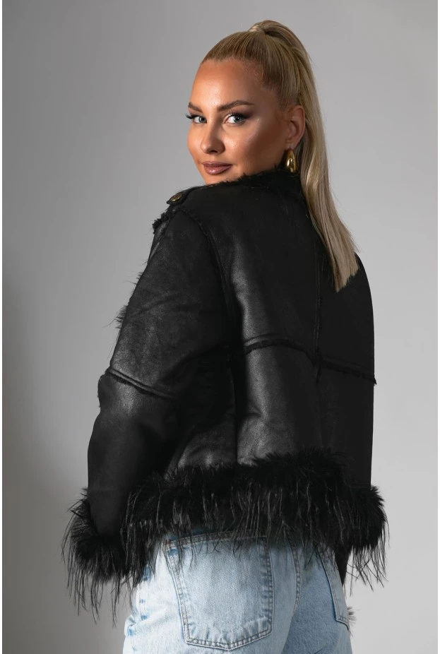 Jacket μουτόν με γούνινες λεπτομέρειες μαύρο