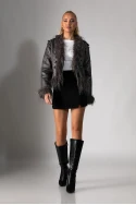 Jacket μουτόν με γούνινες λεπτομέρειες γκρι