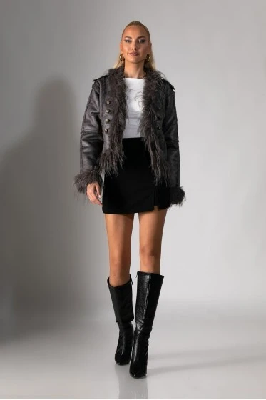 Jacket μουτόν με γούνινες λεπτομέρειες γκρι