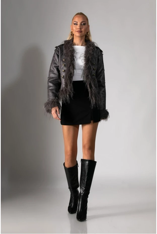 Jacket μουτόν με γούνινες λεπτομέρειες γκρι