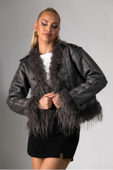 Jacket μουτόν με γούνινες λεπτομέρειες γκρι