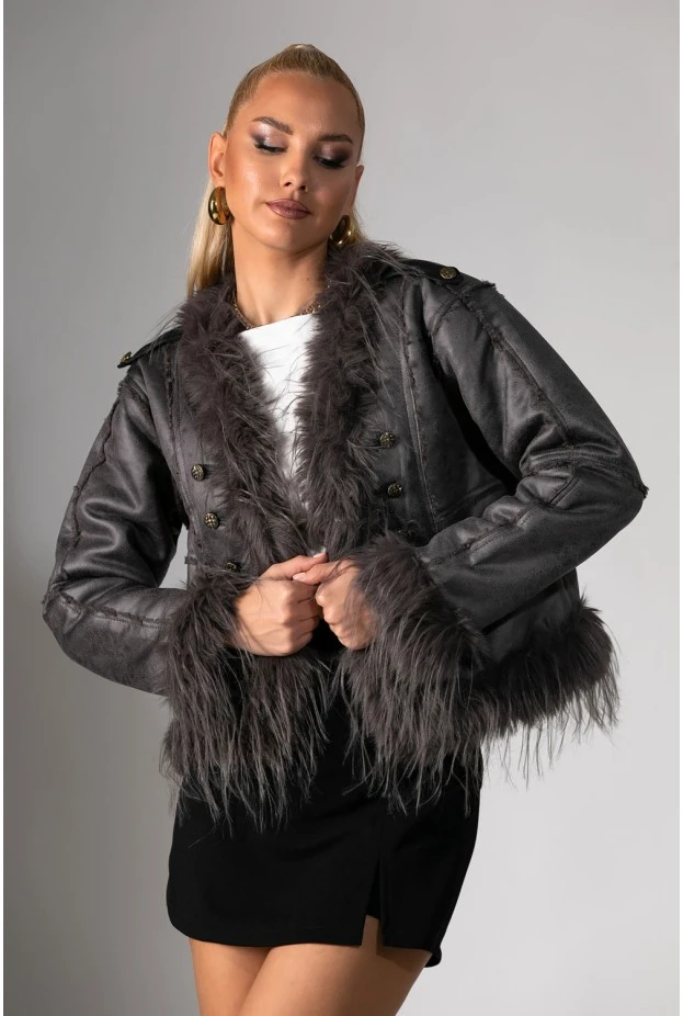 Jacket μουτόν με γούνινες λεπτομέρειες γκρι