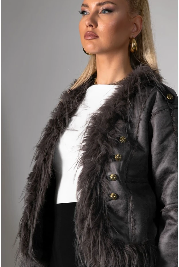 Jacket μουτόν με γούνινες λεπτομέρειες γκρι