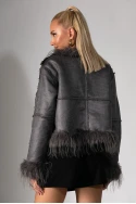 Jacket μουτόν με γούνινες λεπτομέρειες γκρι