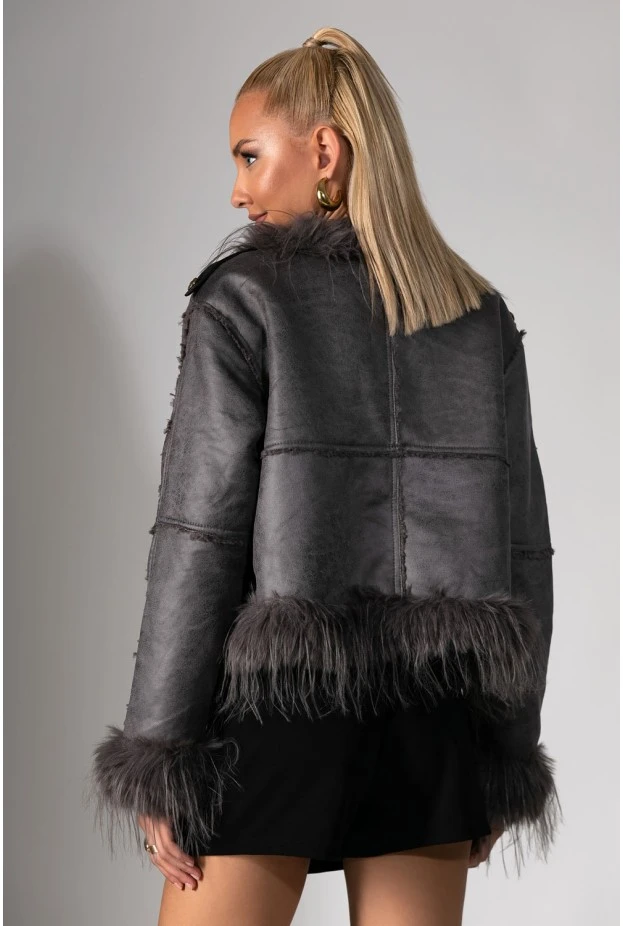 Jacket μουτόν με γούνινες λεπτομέρειες γκρι