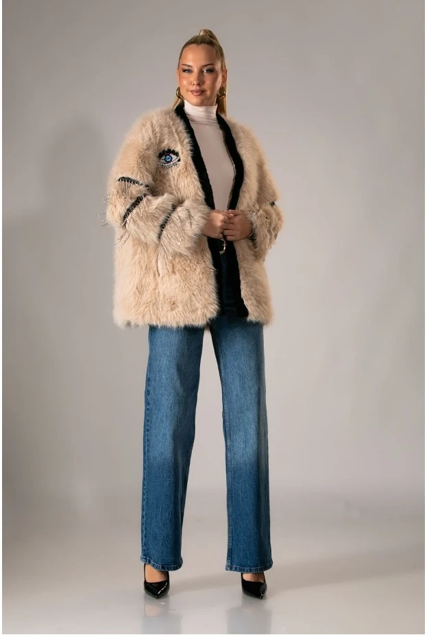 Γούνινο jacket κρόσια απο στρας στο μανίκι μπεζ