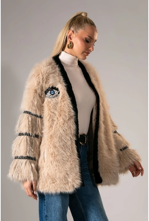 Γούνινο jacket κρόσια απο στρας στο μανίκι μπεζ