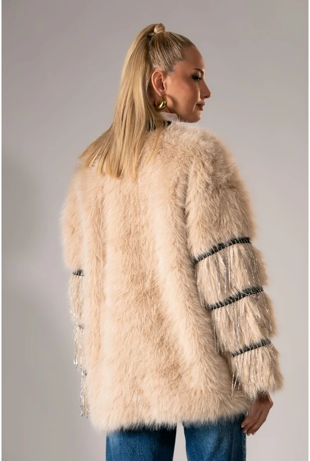 Γούνινο jacket κρόσια απο στρας στο μανίκι μπεζ