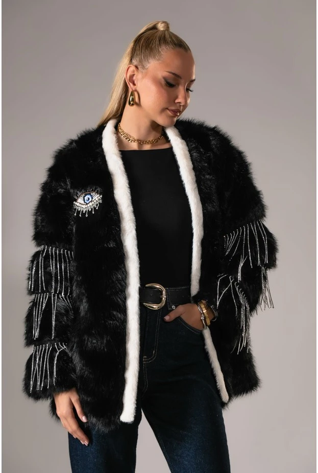 Γούνινο jacket κρόσια απο στρας στο μανίκι μαύρο