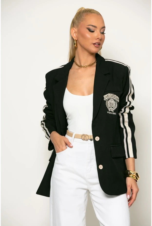 Κολλεγιακό blazer με ρίγες στο πλάι μαύρο