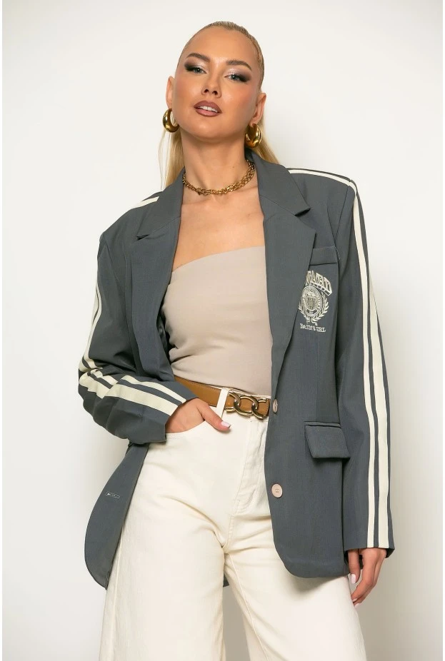 Κολλεγιακό blazer με ρίγες στο πλάι γκρι