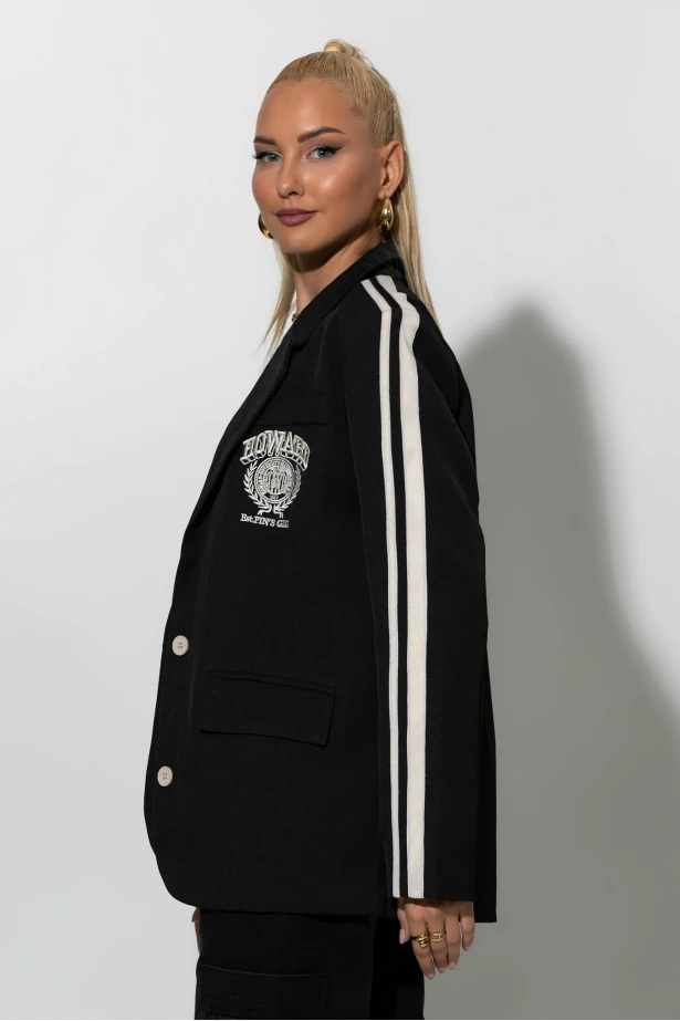 Κολλεγιακό blazer με ρίγες στο πλάι μαύρο