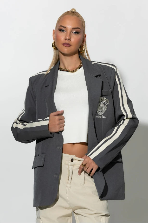 Κολλεγιακό blazer με ρίγες στο πλάι γκρι