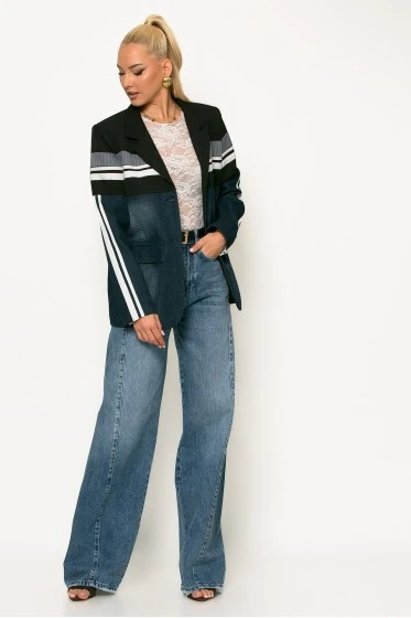Blazer με mix υφών μπλε ντένιμ