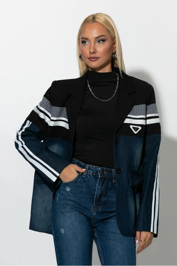 Blazer με mix υφών μπλε ντένιμ Blazer με mix υφών μπλε ντένιμ