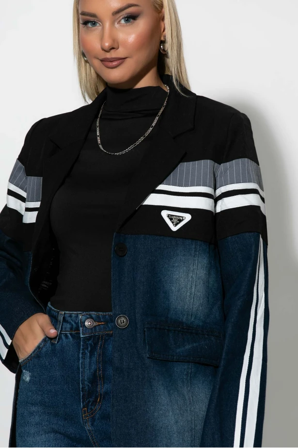 Blazer με mix υφών μπλε ντένιμ Blazer με mix υφών μπλε ντένιμ