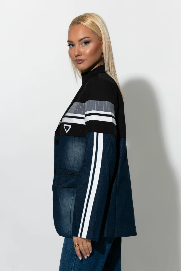 Blazer με mix υφών μπλε ντένιμ Blazer με mix υφών μπλε ντένιμ