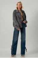Jean jacket με βελουτέ λουλούδια και γούνινη επένδυση μπλε-καφέ