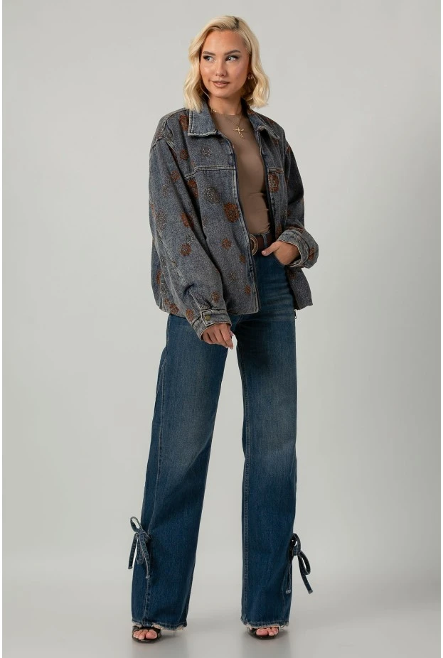 Jean jacket με βελουτέ λουλούδια και γούνινη επένδυση μπλε-καφέ