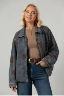 Jean jacket με βελουτέ λουλούδια και γούνινη επένδυση μπλε-καφέ
