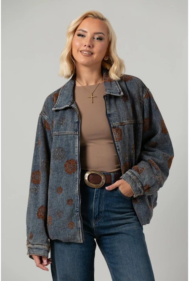 Jean jacket με βελουτέ λουλούδια και γούνινη επένδυση μπλε-καφέ
