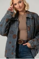 Jean jacket με βελουτέ λουλούδια και γούνινη επένδυση μπλε-καφέ