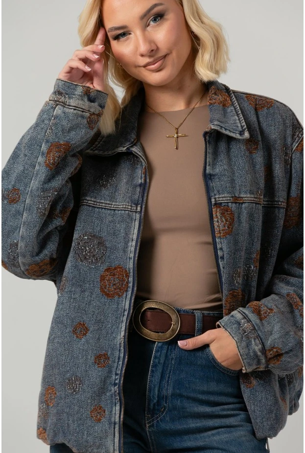 Jean jacket με βελουτέ λουλούδια και γούνινη επένδυση μπλε-καφέ