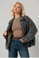Jean jacket με βελουτέ λουλούδια και γούνινη επένδυση μπλε-καφέ