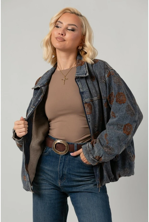 Jean jacket με βελουτέ λουλούδια και γούνινη επένδυση μπλε-καφέ