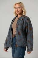 Jean jacket με βελουτέ λουλούδια και γούνινη επένδυση μπλε-καφέ