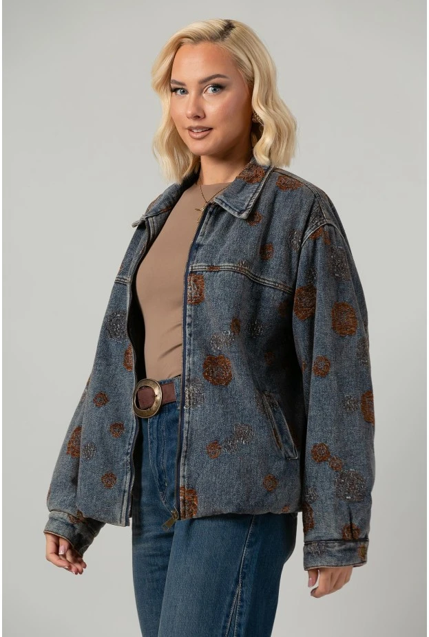 Jean jacket με βελουτέ λουλούδια και γούνινη επένδυση μπλε-καφέ