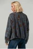 Jean jacket με βελουτέ λουλούδια και γούνινη επένδυση μπλε-καφέ