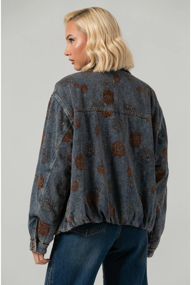 Jean jacket με βελουτέ λουλούδια και γούνινη επένδυση μπλε-καφέ