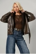 Leather jacket με ψηλό λαιμό και ζώνη καφέ