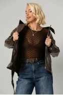 Leather jacket με ψηλό λαιμό και ζώνη καφέ