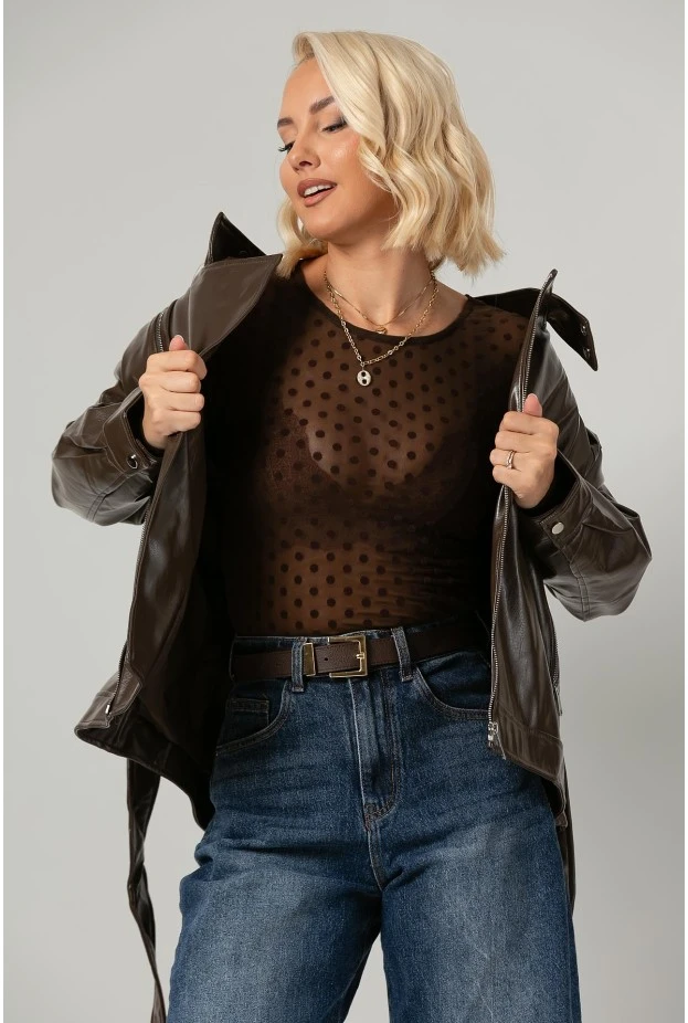 Leather jacket με ψηλό λαιμό και ζώνη καφέ