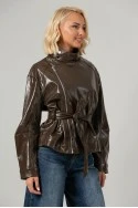 Leather jacket με ψηλό λαιμό και ζώνη καφέ