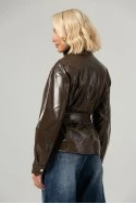 Leather jacket με ψηλό λαιμό και ζώνη καφέ