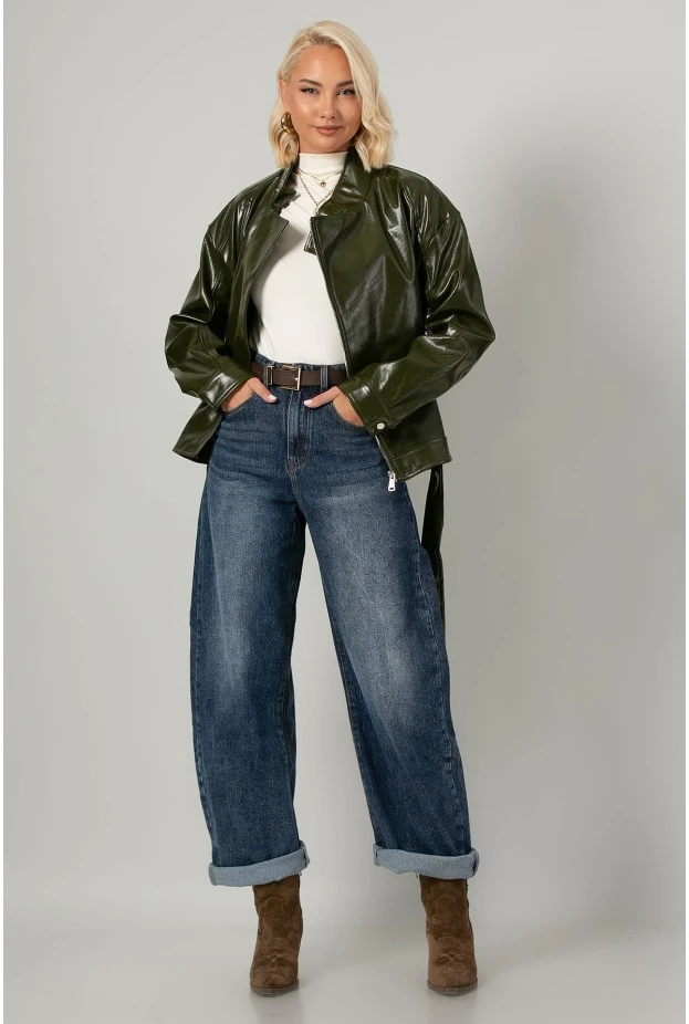 Leather jacket με ψηλό λαιμό και ζώνη λαδί