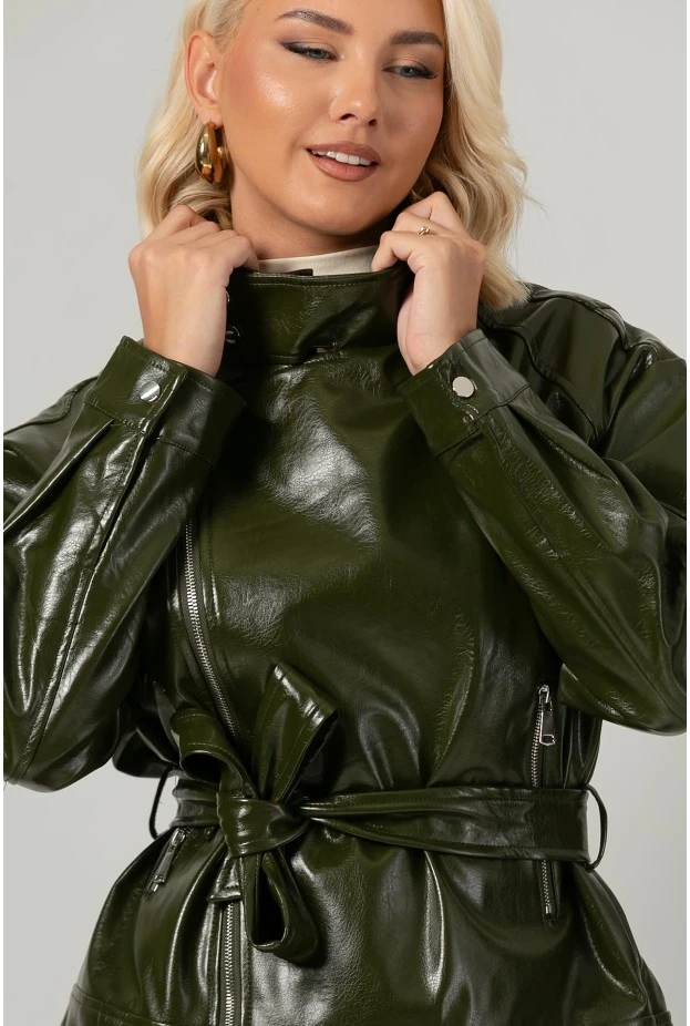 Leather jacket με ψηλό λαιμό και ζώνη λαδί
