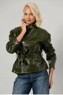 Leather jacket με ψηλό λαιμό και ζώνη λαδί