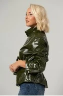 Leather jacket με ψηλό λαιμό και ζώνη λαδί