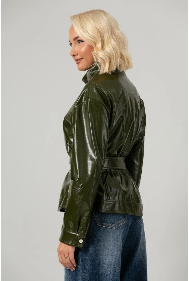 Leather jacket με ψηλό λαιμό και ζώνη λαδί