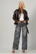 Leather jacket με ψηλό λαιμό και ζώνη μπορντό